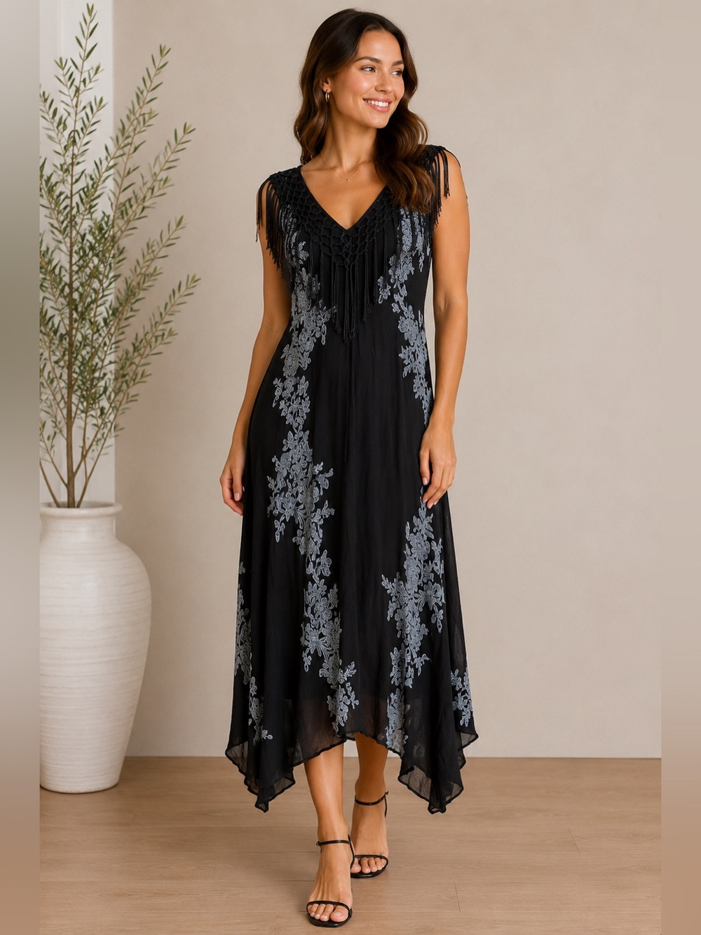 Dress Barn Black Midi Dress with Gray Floral Embroidery